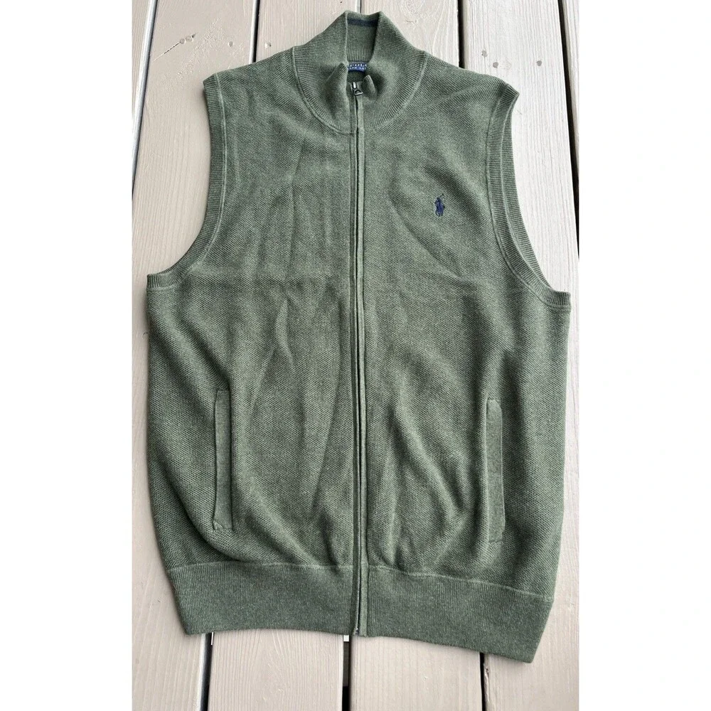 POLO Ralph Lauren Men's Knit Sweater Vest Full Zipper Cotton Green Size Large